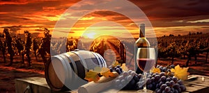 barrel winery wine grape alcohol bottle drink sunset beverage glass. Generative AI.