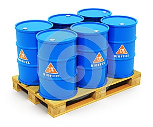 Barrels with biofuel on shipping pallet