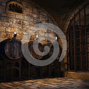 Barrels and candles in a cellar