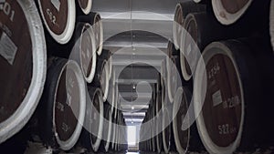 Barrels of cognac, wine or whiskey. Extract of brandy in oak barrels. Alcohol warehouse. Hundreds of barrels in an