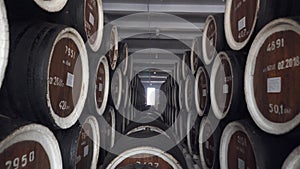 Barrels of cognac, wine or whiskey. Extract of brandy in oak barrels. Alcohol warehouse. Hundreds of barrels in an