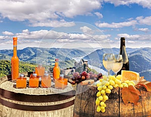 Barrels with glasses of white wine and apricots drinks against Aggstein castle with Danube river in Wachau walley, Lower Austria,