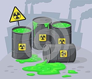 Barrels hazard liquid. Radioactive contamination of industrial waste, spill hazardous chemical materials, toxic splash