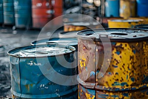 Barrels at hazardous waste disposal site show improper handling of toxic materials. Concept