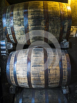 Barrels maturing Bourbon in Distillery in Bardstown Kentucky USA