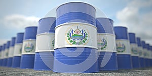 Barrels or oil drums with flag of El Salvador. Petroleum or chemical industry related 3D rendering