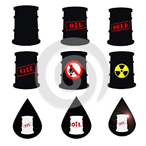 Barrels for petroleum products and the drop of oil on white background