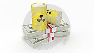 Barrels for radioactive biohazard waste on stacks of dollar banknotes