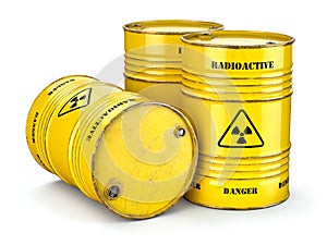 Barrels with radioactive waste isolated on white, Manufacturing of nuclear power and utilization of radioctive materials