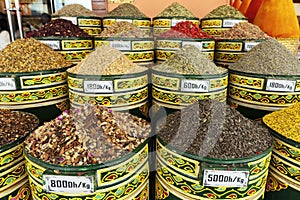 Barrels of spices in a shop in Marrakech