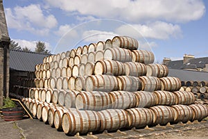 Barrels stcked in the distillery