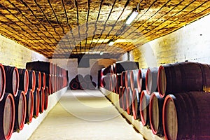 Barrels storage inside wine cellars photo