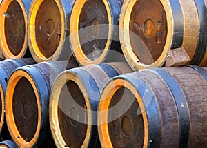 Barrels to contain the spirits like brandy or wine cellar photo