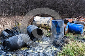 Barrels of toxic waste in nature