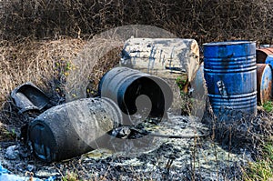 Barrels of toxic waste in nature