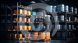 barrels in the warehouse, Storage stock, Chemical warehouse. 3D illustration