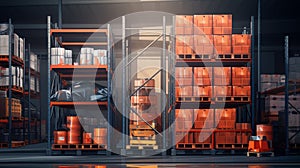 barrels in the warehouse, Storage stock, Chemical warehouse. 3D illustration