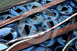 Barrels of water on a boat