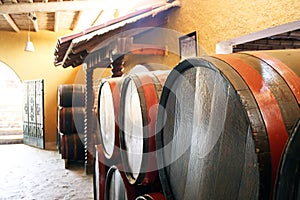 Barrels in a wine cellar