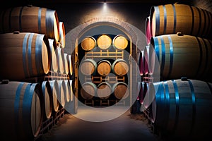 Barrels in wine cellar with light coming through the door. Generative AI