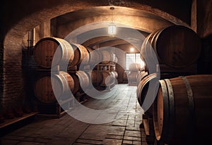 Barrels in wine cellar room stock photo. A room filled with lots of wooden barrels