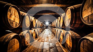 Barrels for wine or cognac in the basement of a winery, wooden barrels for wine in perspective. wine cellars. antique oak barrels