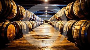 Barrels for wine or cognac in the basement of a winery, wooden barrels for wine in perspective. wine cellars. antique oak barrels