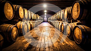 Barrels for wine or cognac in the basement of a winery, wooden barrels for wine in perspective. wine cellars. antique oak barrels