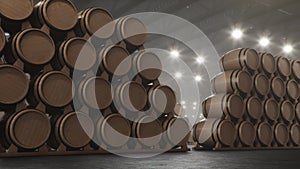 Barrels of wine, whiskey, bourbon liqueur or cognac in the basement. Aging of alcohol in oak barrels in warehouse. Wine