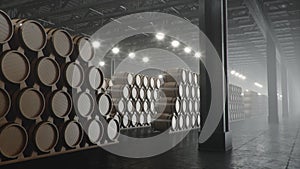 Barrels of wine, whiskey, bourbon liqueur or cognac in the basement. Aging of alcohol in oak barrels in warehouse. Wine