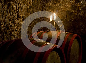 Barrels for wine in a wine cellar