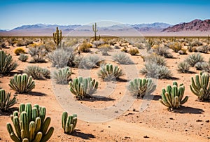 A barren desert landscape with cracked ground stretching for miles, dotted with resilient cacti standing tall against