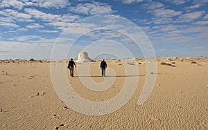 Barren desert landscape in hot climate with rock formation