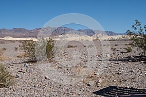 Barren desert sandy landscape of Death Valley National Park in California with sagebrush, and mountains in the background