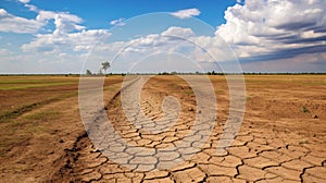Barren field soil cracks drought impact