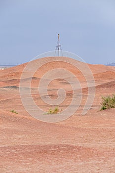 Barren gobi desert landscape under sky at the historical site of Yang Pass, in Yangguan, Gansu, China