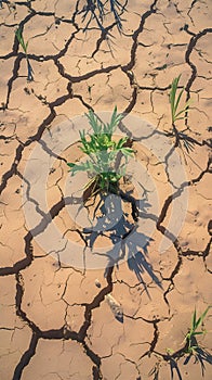 Barren landscape dried, cracked soil under scorching summer sun