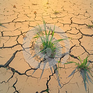 Barren landscape dried, cracked soil under scorching summer sun