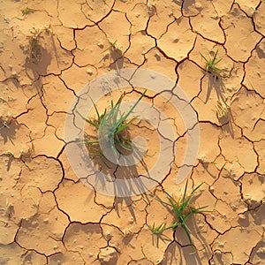 Barren landscape dried, cracked soil under scorching summer sun