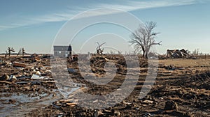 A barren landscape filled with twisted and deconstructed remnants of society a result of multiple tornadoes ravaging the