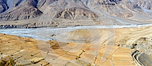 Barren Landscape panorama. Rice Terraces Cultivation field and agricultural farm land deep slope of Himalaya mountain Valley.