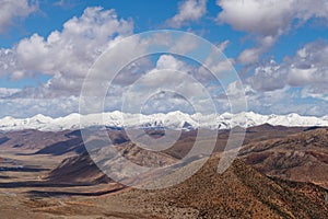 Barren mountain ranges with snow-capped mountain peaks