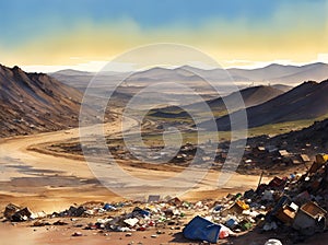 barren wasteland landscape littered with garbage and debris generative AI illustration