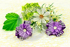 Barrette with elastic and violet ribbon, flowers and green leaf isolated on white background