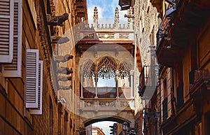 Barri Gotic Quarter in Barcelona, Spain. Antique Bridge