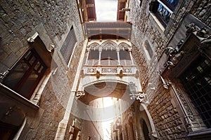 Barri Gotic Quarter in Barcelona, Spain. Antique Bridge