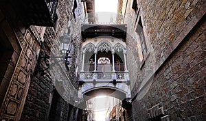 Barri Gotic Quarter in Barcelona, Spain. Antique Bridge