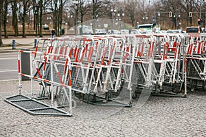 Barricades or fences for public actions in Berlin. Fences for demonstration or protest action and protection of law and