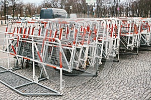 Barricades or fences for public actions in Berlin. Fences for demonstration or protest action and protection of law and