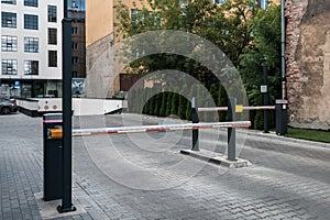 The barrier at the entrance to the parking lot